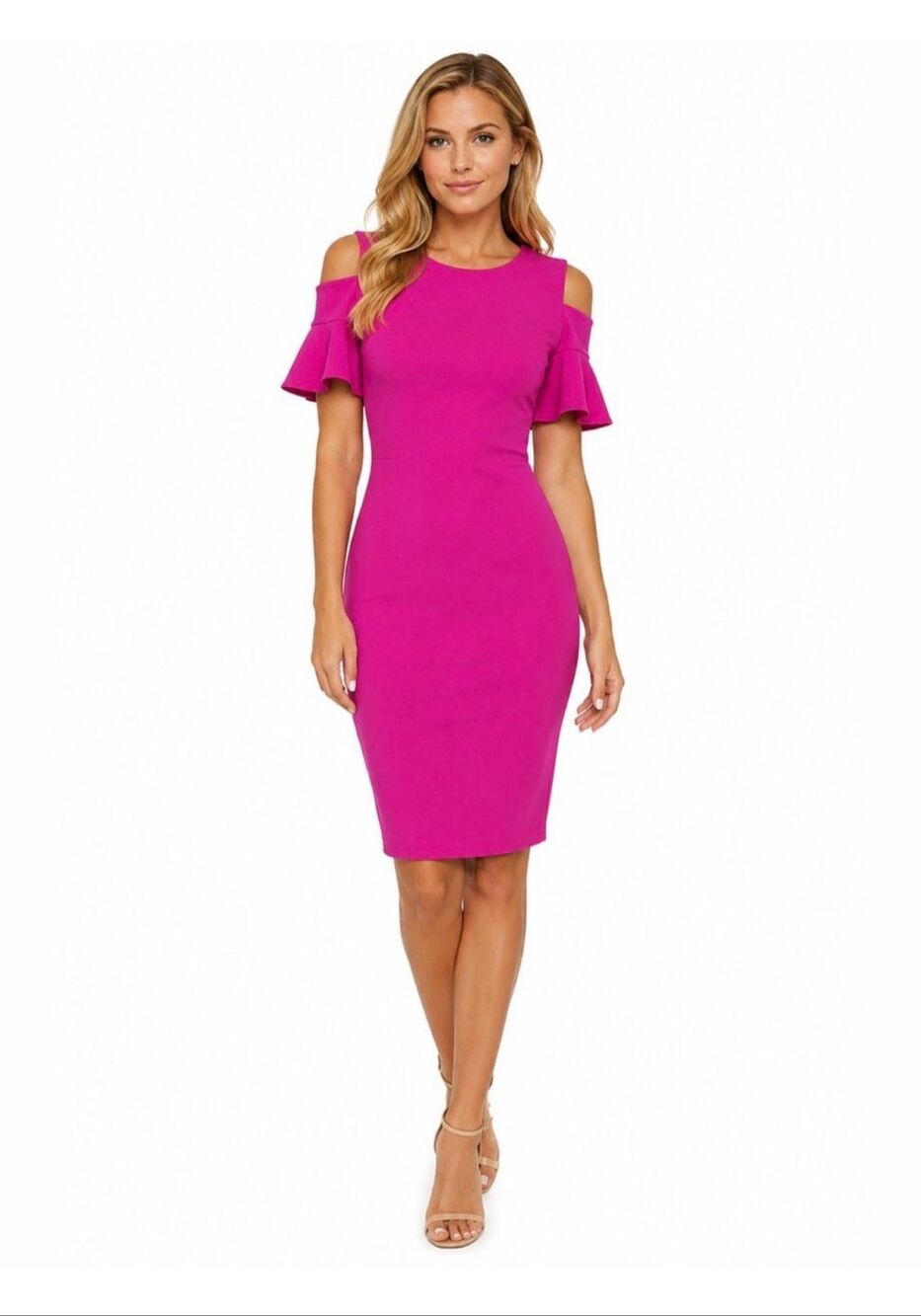 NWT Calvin Klein Fuchsia Pink Cold Shoulder Bell Sleeve Sheath Dress W18